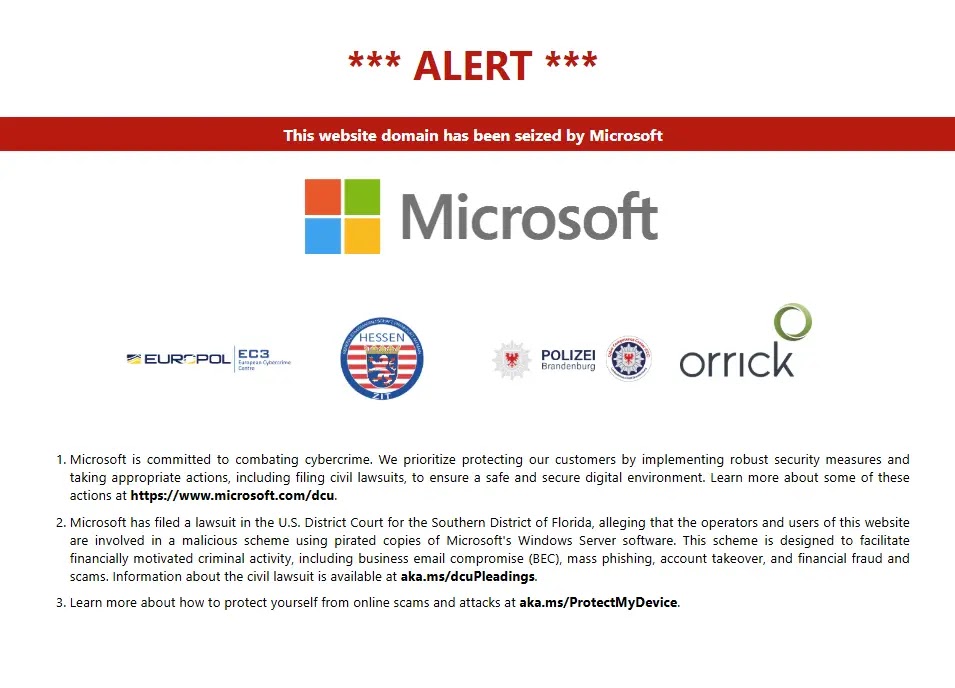 Οι νομικές ενέργειες της Microsoft ενισχύονται από τη στενή συνεργασία με εταίρους επιβολής του νόμου σε όλο τον κόσμο (Πηγή - Microsoft)